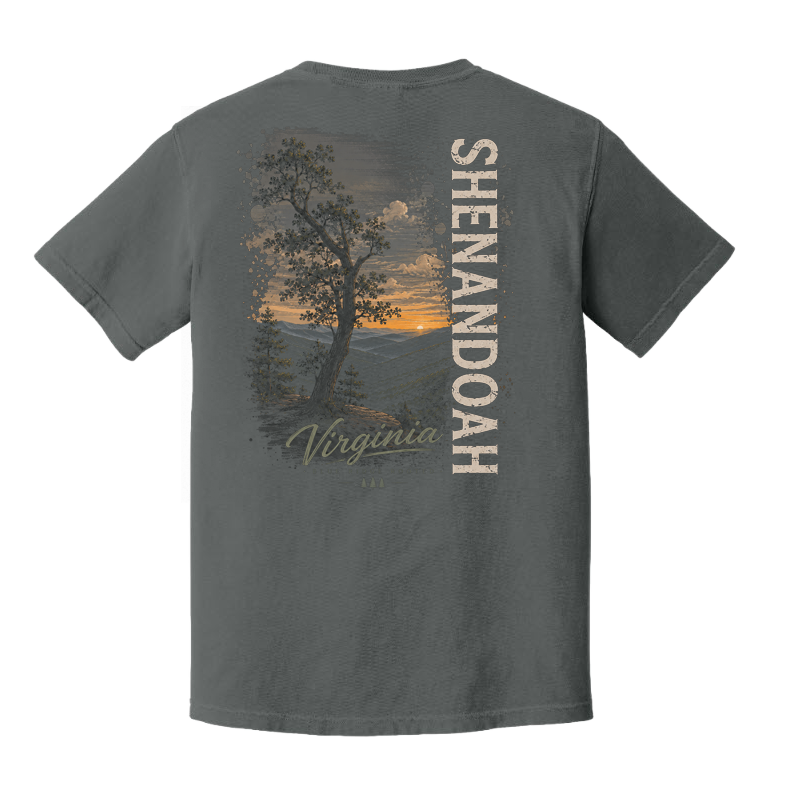 Shenandoah Virginia Sunset Comfort Colors Pepper T-Shirt | Blue Ridge Rooted