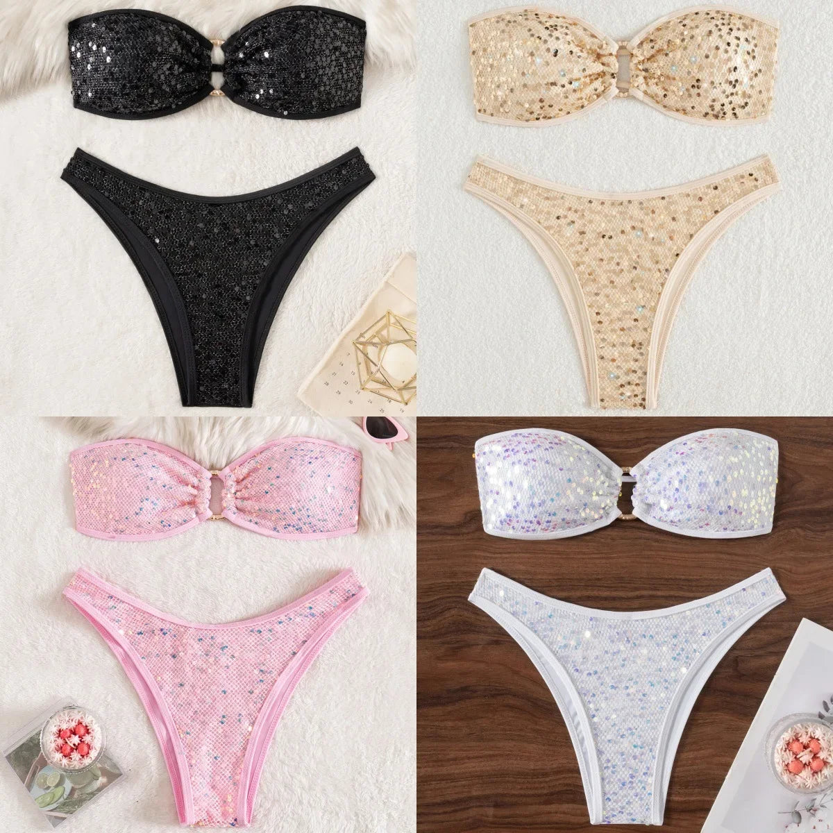 Sexy Bandeau Bikini 2026 Women Shiny Sequin Front Ring Push Up Micro Swimsuit Summer Pink Bathing Suit Thong Swimwear Biquini