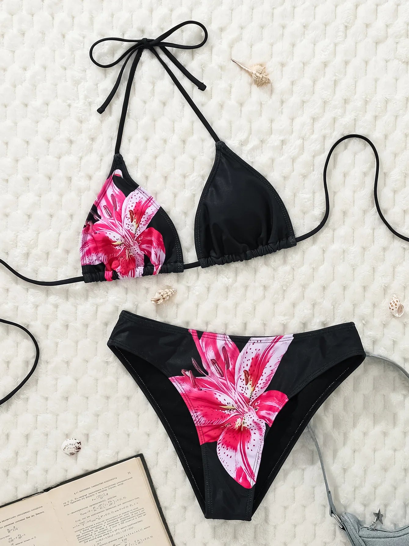2025 New Women's Black Ground White Dot Printed Swimsuit Halter Neck Low Waist Bikini Set For Summer Female Swimwear Brazilian