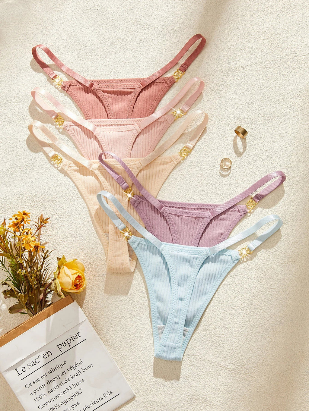 5Pcs/Set Sexy Women Panties Solid Ribbed G‑String Thong Metal Ring Soft Female Sexy Lingerie Underwear
