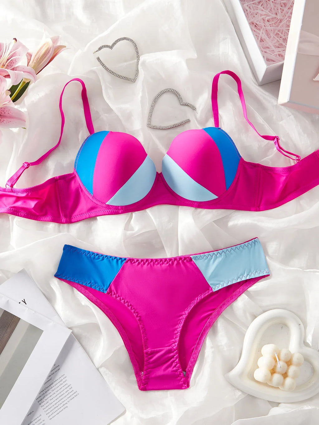 Single-Piece Color-Blocked Sexy Beach Swimwear Set with Underwire Push-Up Bra and Panties, Comfortable Shell Cup Design Lingerie, Stretchy Breathable Panties