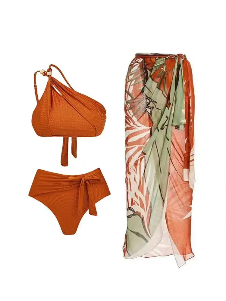 New One Piece Swimsuit Women Solid Orange One Shoulder Hollow Out Skirt Swimwear Set 2024 Summer Holiday Bathing Suit Beach Wear