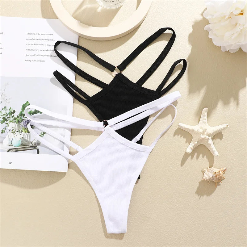 5PCS Women Sexy Cotton Panties Two Belts Hollow Out G-String Thongs Breathable Underwear for Female Solid Color Lingerie S-XL
