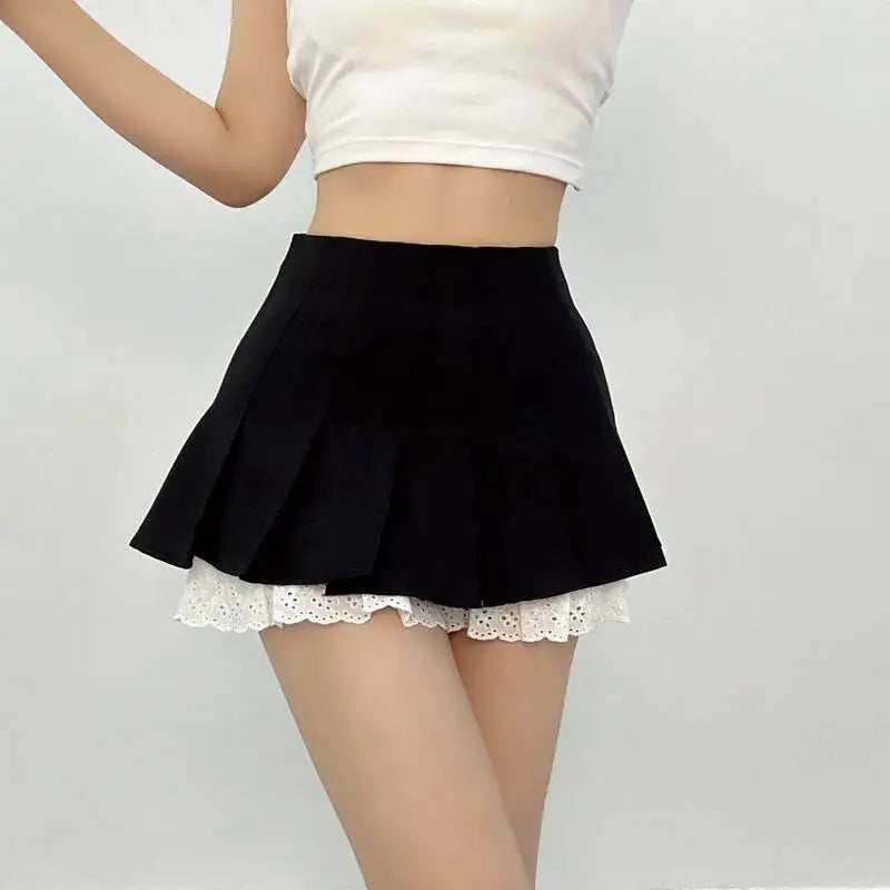 Summer New Leisure Lace Splicing Short Skirt Women Pure Desire Spicy Girl High Waist Hundred Fold A-line Half Length Skirt 7V01