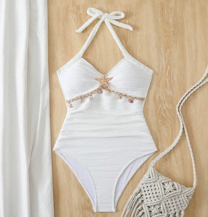 Vintage White One Piece Swimsuit 2026 Women Shell Starfish Ornament Pleate Tummy Control Swimwear Beach Holiday Bathing Suit