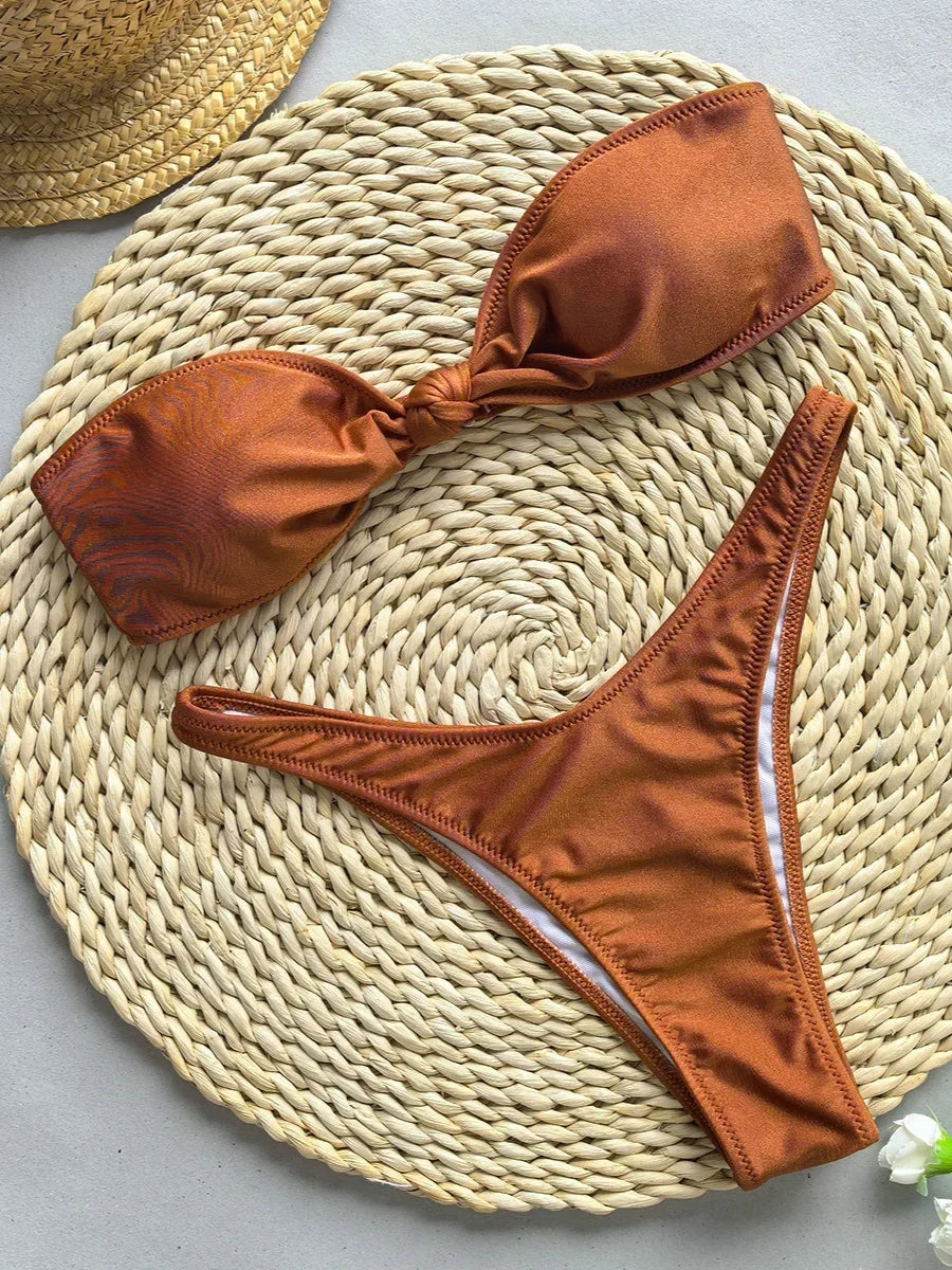 Sexy Front Tie Bow Bikini Set Women Black Bandeau Push Up Bra Micro Swimsuit 2024 Beach Bathing Suit Thong Swimwear Biquini