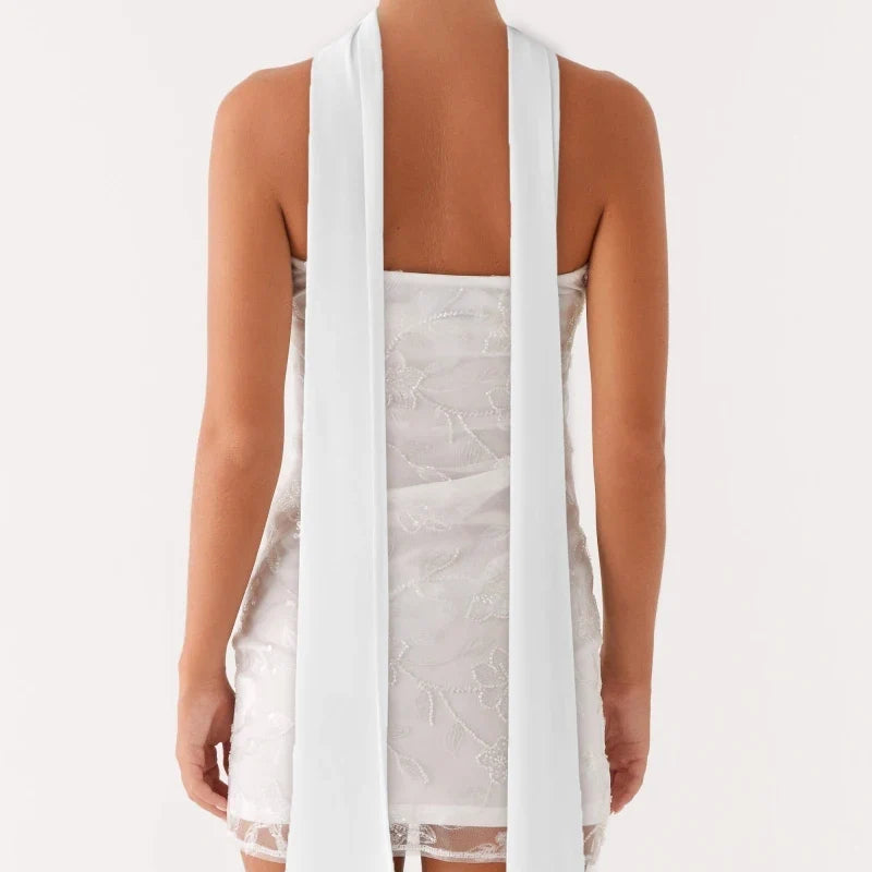 Sexy Glitter Pearl Women Summer Mini Dresses Sleeveless Off Shoulder Flower Embroidery Tube Top Bandeau Dress with Scarf