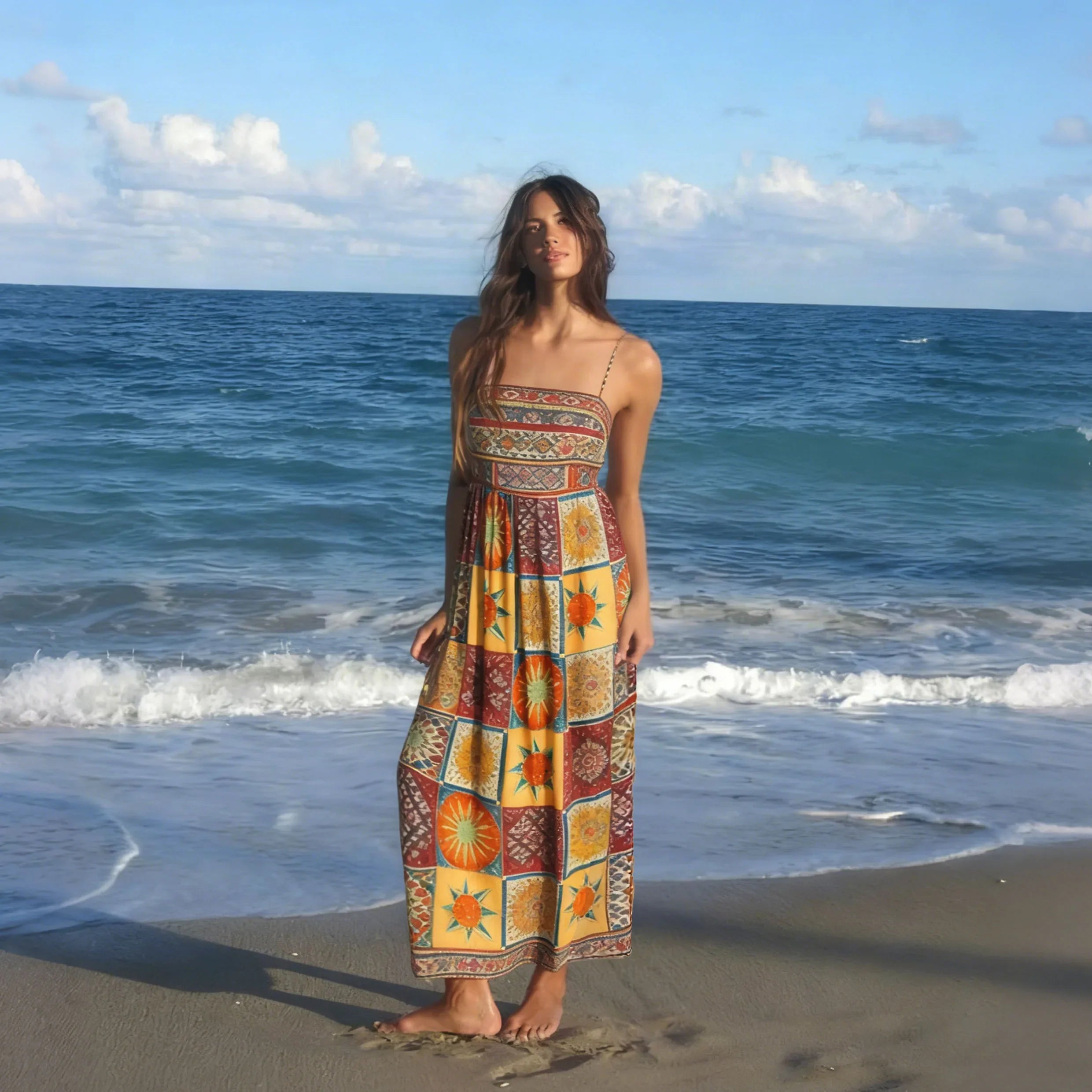 Women Floral Geometric Neck Long Party Dress Fashion Sleeveless Spaghetti Strap Dress Fashion Vacation Cocktail Flowy Sun Dress