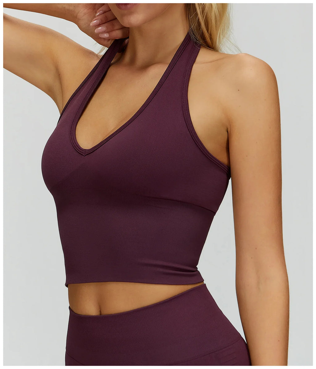 Seamless High Stretch Sports Bra Women Halter Yoga Bra Padded Backless Sports Bras Gym Crop Top Push Up Workout Yoga Tops Woman