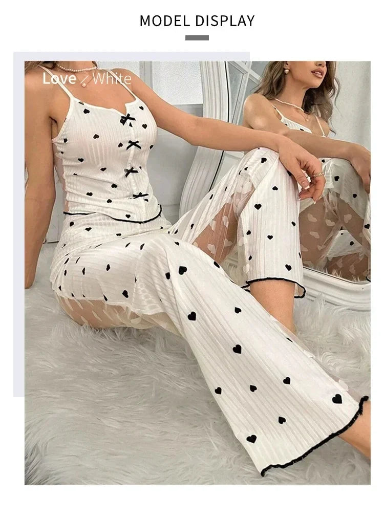 2-Piece Women's Sexy Transparent Mesh Lace Set with Ribbed Printed Strap Top and Pants Home Clothes Pajama Set