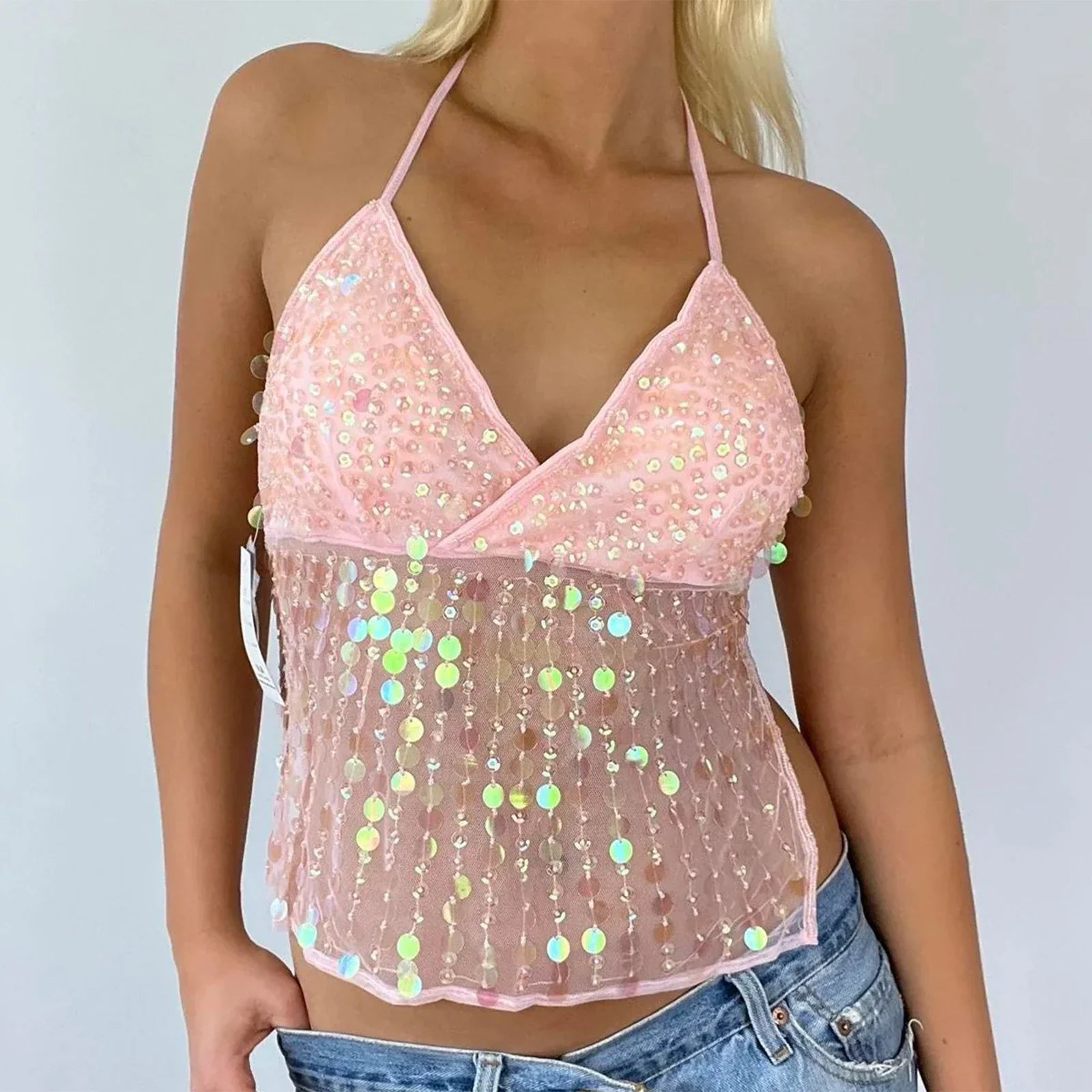 Women's Solid Color Halter Neck Crop Tops Summer Sleeveless V neck Open Back Slim Fit Tie Up Sequins Camis Tops