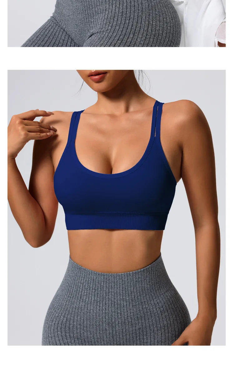 Color-blocked Yoga Top with Cross-straps Yoga Bra Stretchy Comfortable Breathable Sports Vest Wire-free Bra