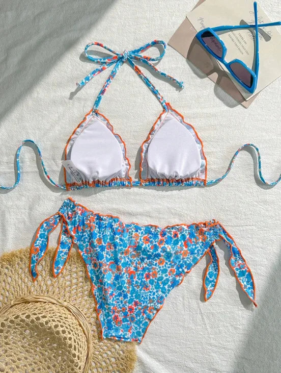 Cute Orange Floral Print Bikini Set Women Halter Ruffles Push Up Tie Side Thong Swimsuit 2026 Summer Bathing Suit Micro Swimwear