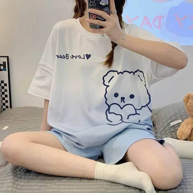New Pajamas Female Summer Short-Sleeved Shorts Suit Korean Version of the Student Sweet Cute Cartoon Ms. Loose Homewear Suit