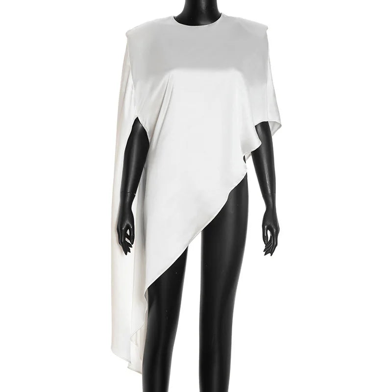 Trendix White Asymmetrical Cover Up For Women Fashion Ruffle Hem Loose Short Sleeve Shirts Casual Elegant Commuting Pullover Top