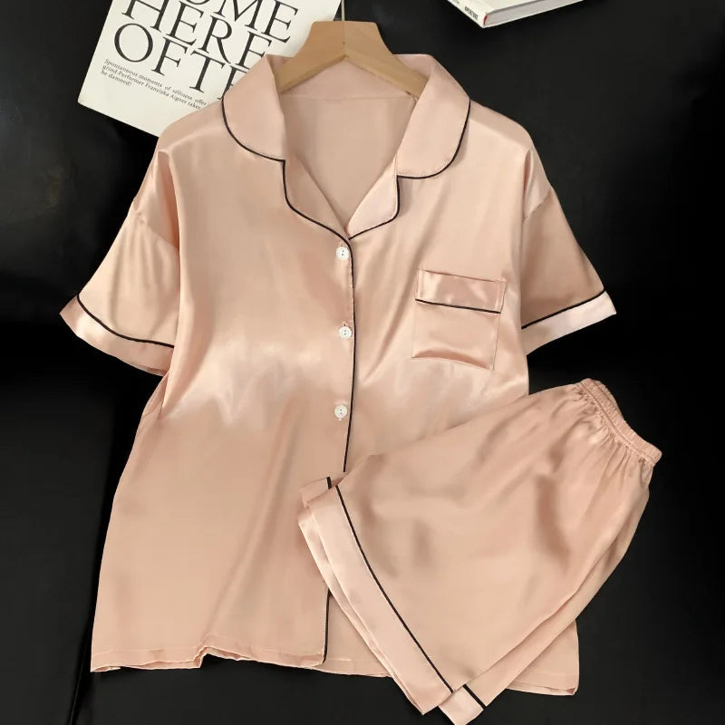 Sweet Simple Ice Silk Pajamas for Women  Thin Short-sleeved Home Clothes Suit Nightwear Women's Pajamas Set Nightie Summer