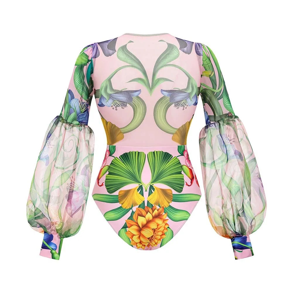 Vintage Green Floral Print Swimsuit Long Skirt Set Women Sexy Mesh Long Sleeve V Neck Tummy Control Holiday One Piece Swimsuit