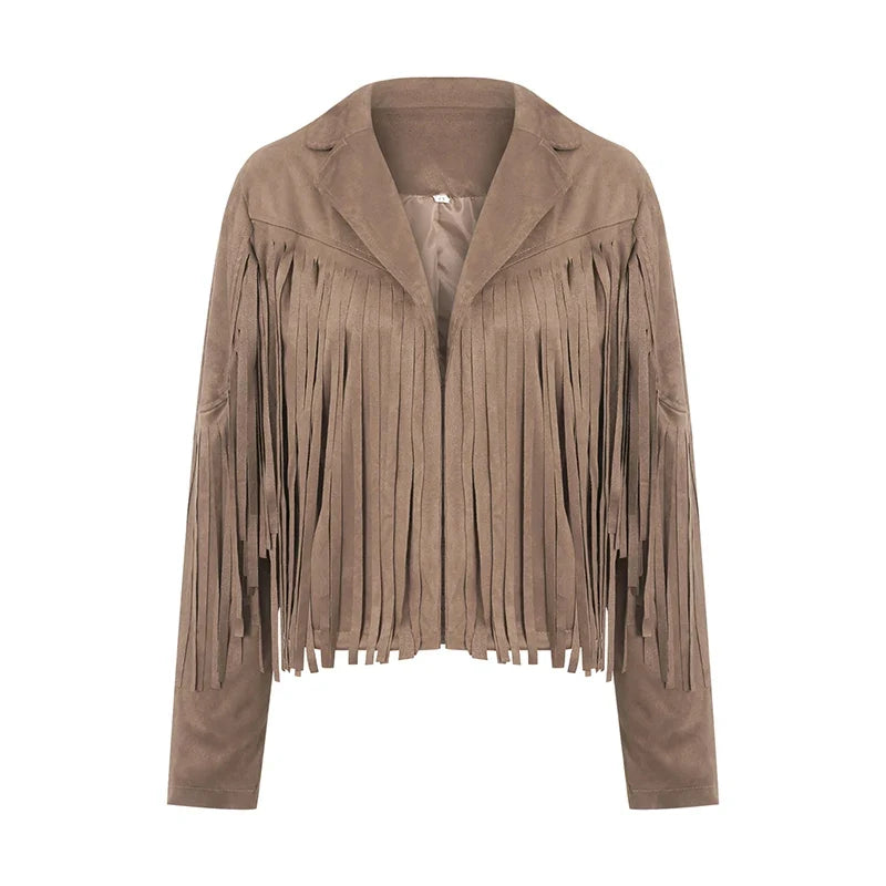Women Spring Autumn Slim Long Sleeve Open Front Coat Solid Color Collared Jacket with Tassels Black/ Coffee/ Pink