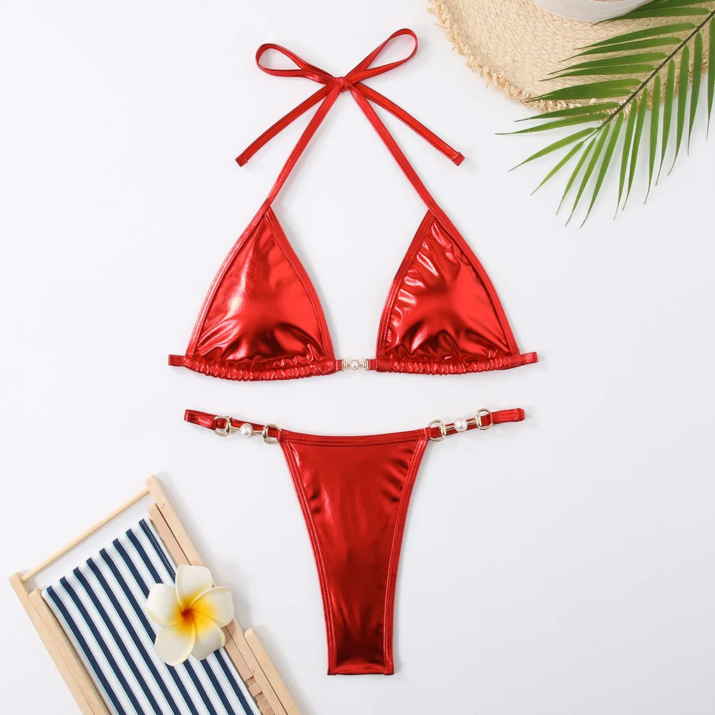 Shiny Pink Micro Bikini 2026 Mujer Women Sexy PU Pearls Push Up Thong Swimsuit Summer Bathing Suit Bandage Holiday Swimwear