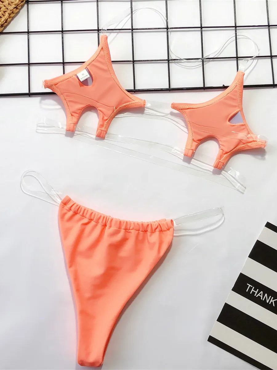 Micro Bikini Women Clear Strap Push Up Bra Neon Yellow Gold Transparent Swimsuit Women Triangle Bather Thong Swimwear Biquini