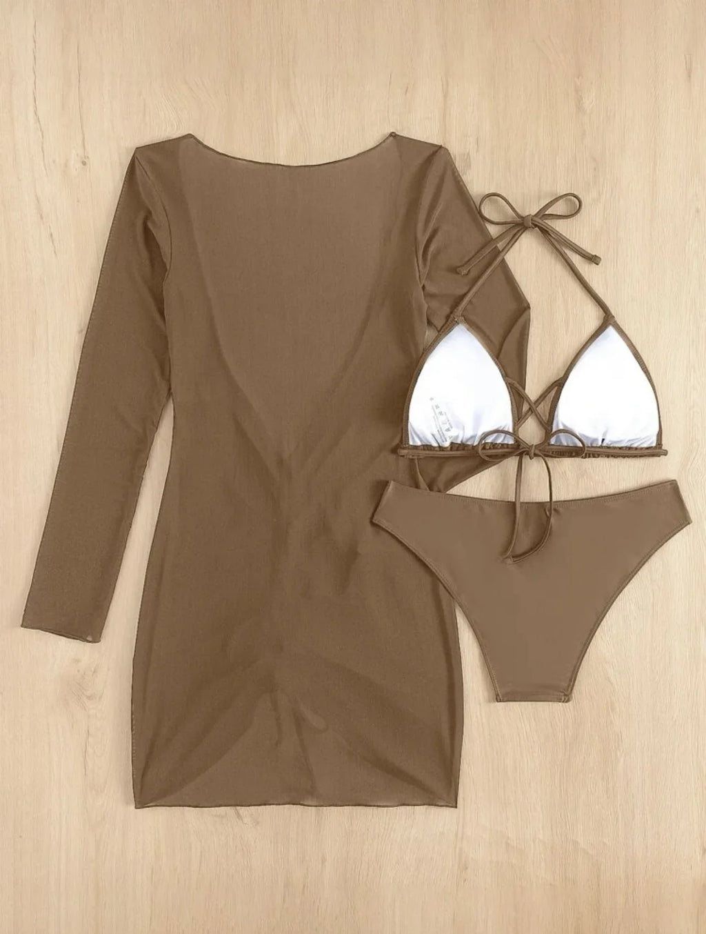 Long Sleeves Dress Bikini Set 2025 Women Neon Green Lace Up 3 Pieces Swimsuit Brazilian Bathing Suit Pleate Cover Up Swimwear