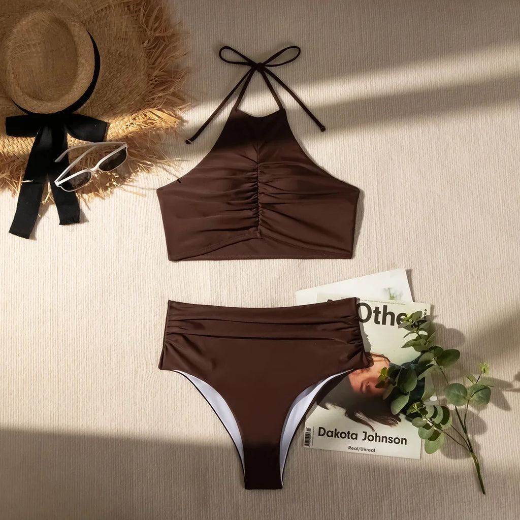 2026 Halter Wrinkled High Neck Female Swimsuit High Waist Bikini Women Swimwear Two-pieces Bikini set Bather Bathing Suit Swim