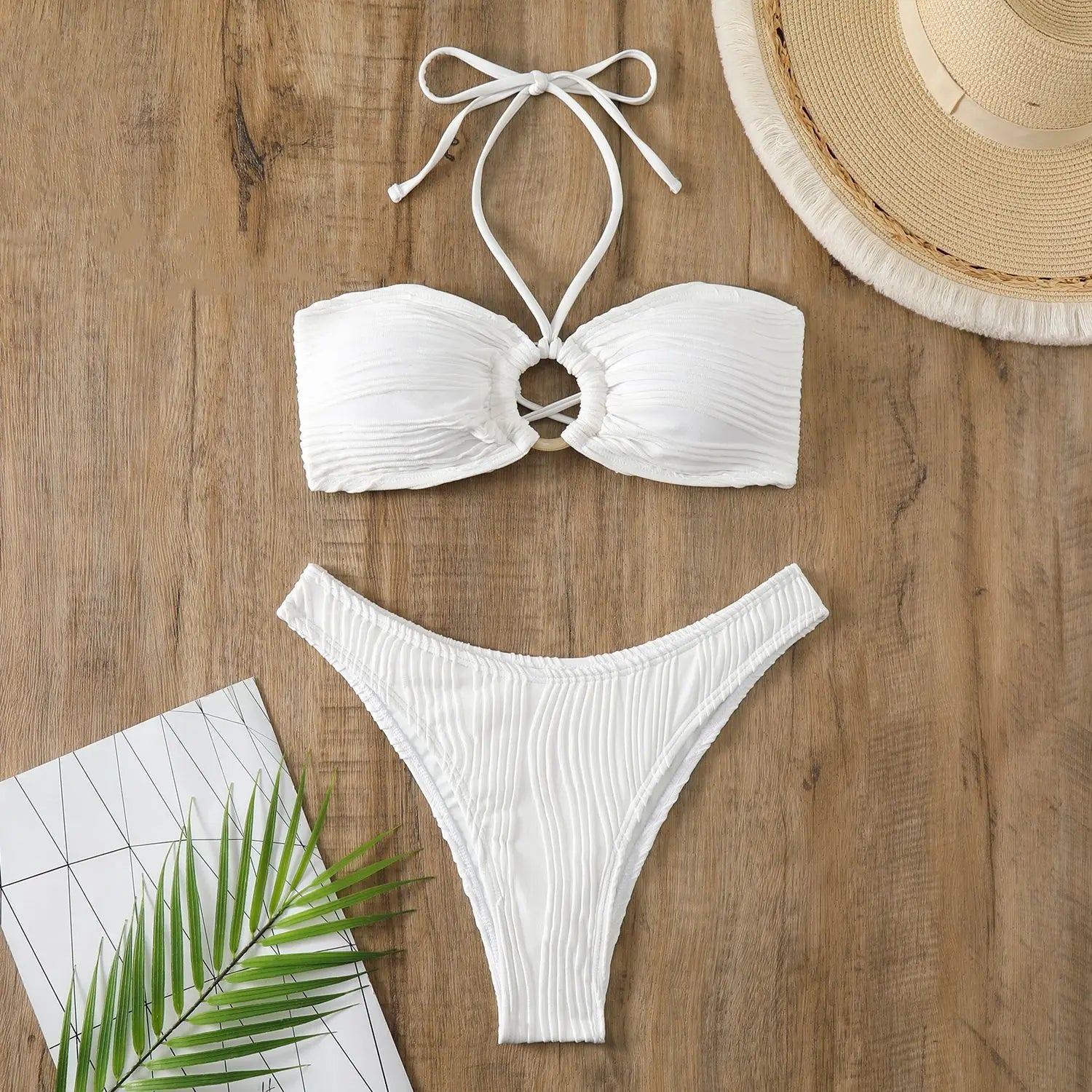 Sexy Bikini 2026 Women White Ring Linked Hollow Out Push Up Micro Swimsuit Brazilian Bandeau Bathing Suit Bandage Thong Swimwear