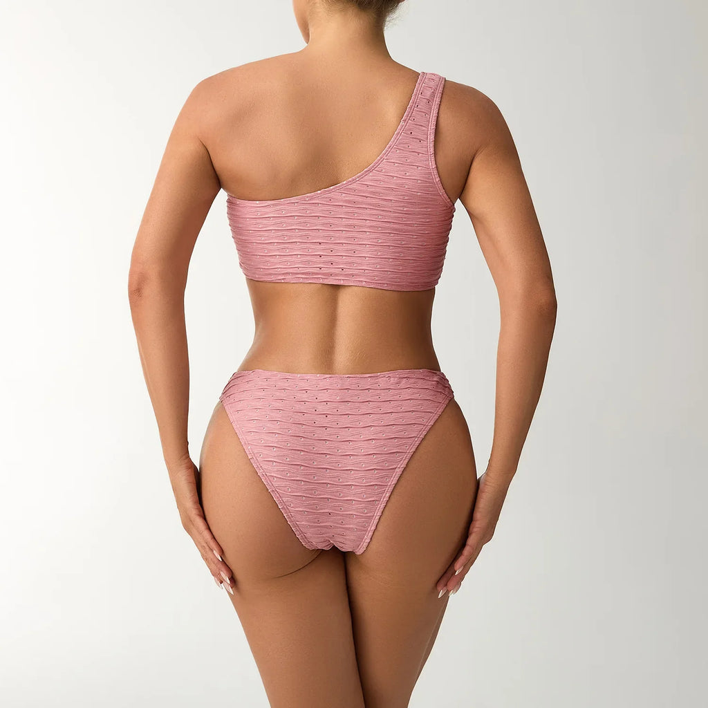 2026 New Style Breathable Quick Dry Solid Color Single Shoulder Bikini Sexy Swimsuit Women's High Elasticity Thickened Backless
