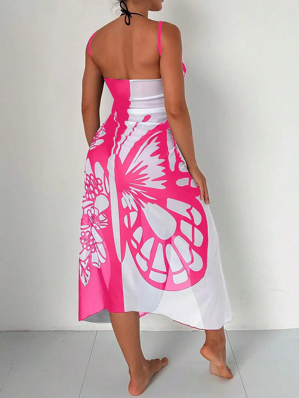 Sexy Butterfly Print Cover Up 2026 Women Black Patchwork Mesh Dress Tunic Bikini Lady Elegant Bath Sarong Wrap Skirt Beachwear