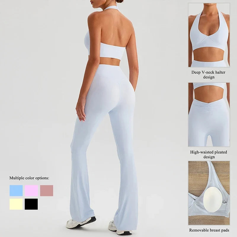 Hearuisavy 2Pcs Women's Sports Set Sun Protection Quick-Dry Tennis Skirt High Waist Yoga Flared Pants Gym Running Fitness Shorts