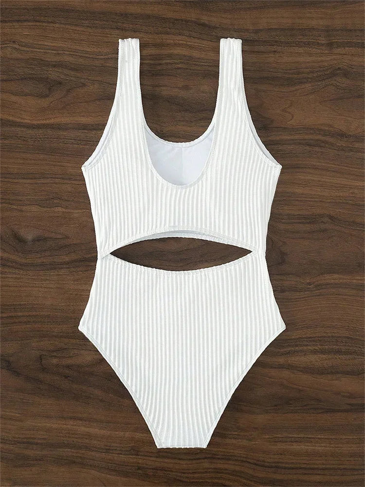 Sexy White One Piece Swimsuit Women New Hollow Out Swimwear 2024 Ribbed Bathing Suit Push Up Monokini Beach Swimming Suit Summer