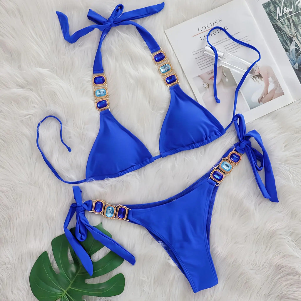 Sexy Rhinestone Bikini Set Women 2026 Luxury Pink Crystal Diamond Push Up Bandage Thong Swimsuit Beach Bathing Suit Swimwear