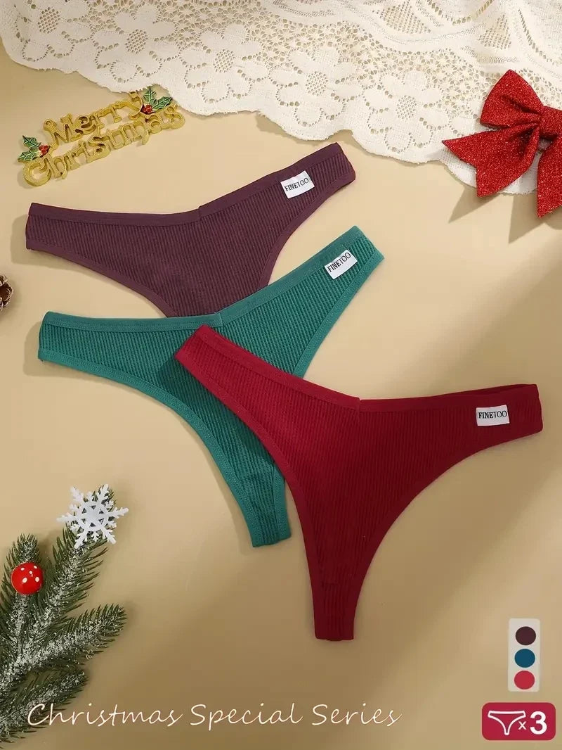 3Pcs Women Christmas Waffle Style G-string Cotton Panties Ladies Soft Thongs Female S-XL Low-Rise T-Back Panties Bikini Bikini