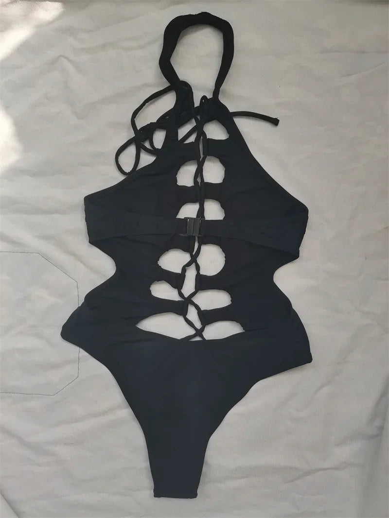 Sexy Black Hollow Out Swimwear Women 2026 High Neck Backless Monokini Lace Up Bandage Bathing Suit Holiday One Piece Swimsuit