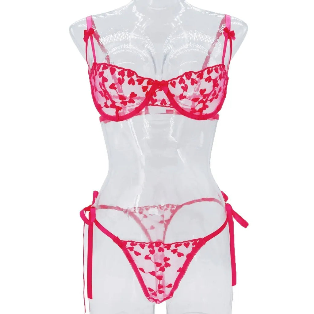 French Lace Heart Bra Set Girls Sexy Women Bralette Adjustable Transparent Embroidery Underwear Thong Bras Lingerie Panties Sets
