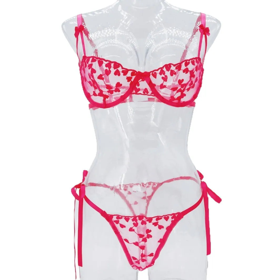 French Lace Heart Bra Set Girls Sexy Women Bralette Adjustable Transparent Embroidery Underwear Thong Bras Lingerie Panties Sets