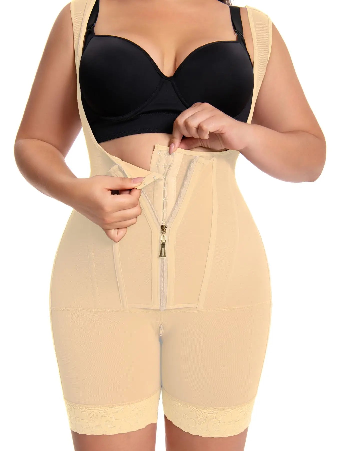 Women's High-Waisted Lace Shapewear Bodysuit - Non-Padded, Full-Coverage, Zipper Closure, Nylon Knit Fabric with Elegant Contras