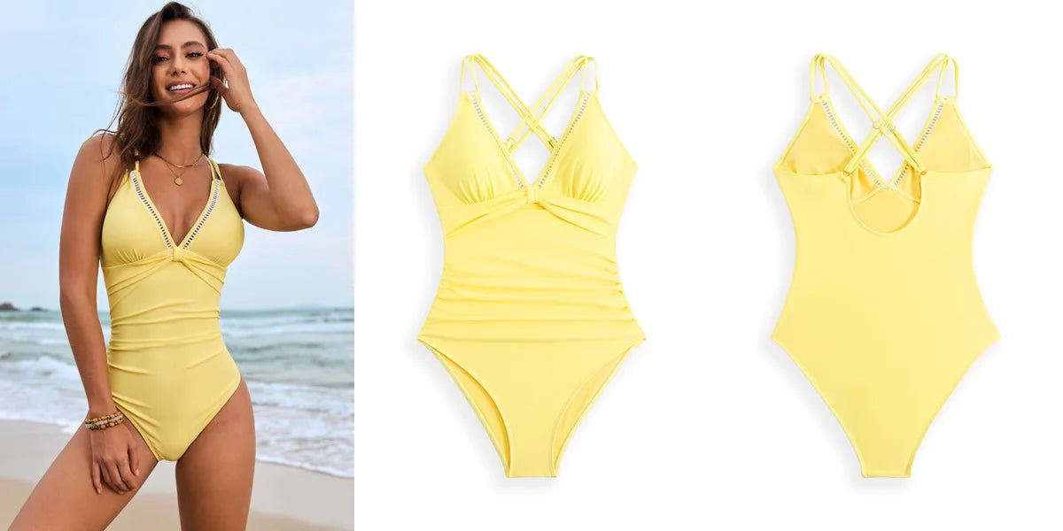 Sexy Yellow Swimwear Women 2025 Deep V Neck Slimming Pleate Tummy Control One Piece Swimsuit Beach Bathing Suit Holiday Monokini