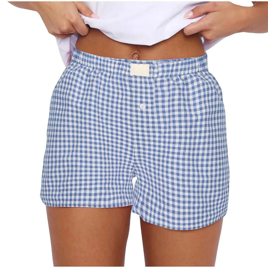 Teen Girls Plaid Shorts Elastic Waistband Pull-On Casual Lounge Summer Outfit Red Blue Color Women's Fashion