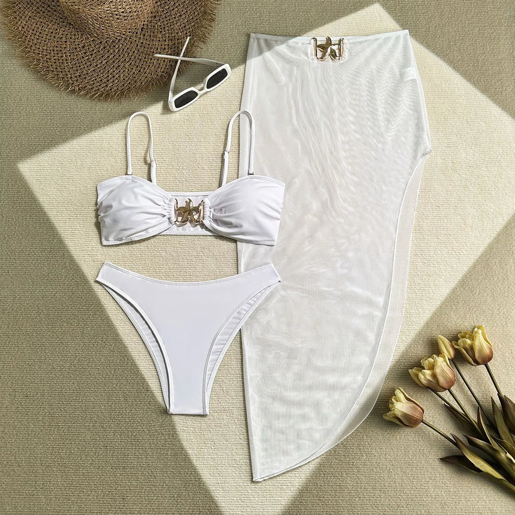 Sexy White Black Skirt 3 Piece Bikini Set 2025 Women Starfish Ornament Push Up High Waist Swimsuit Beach Bathing Suit Swimwear