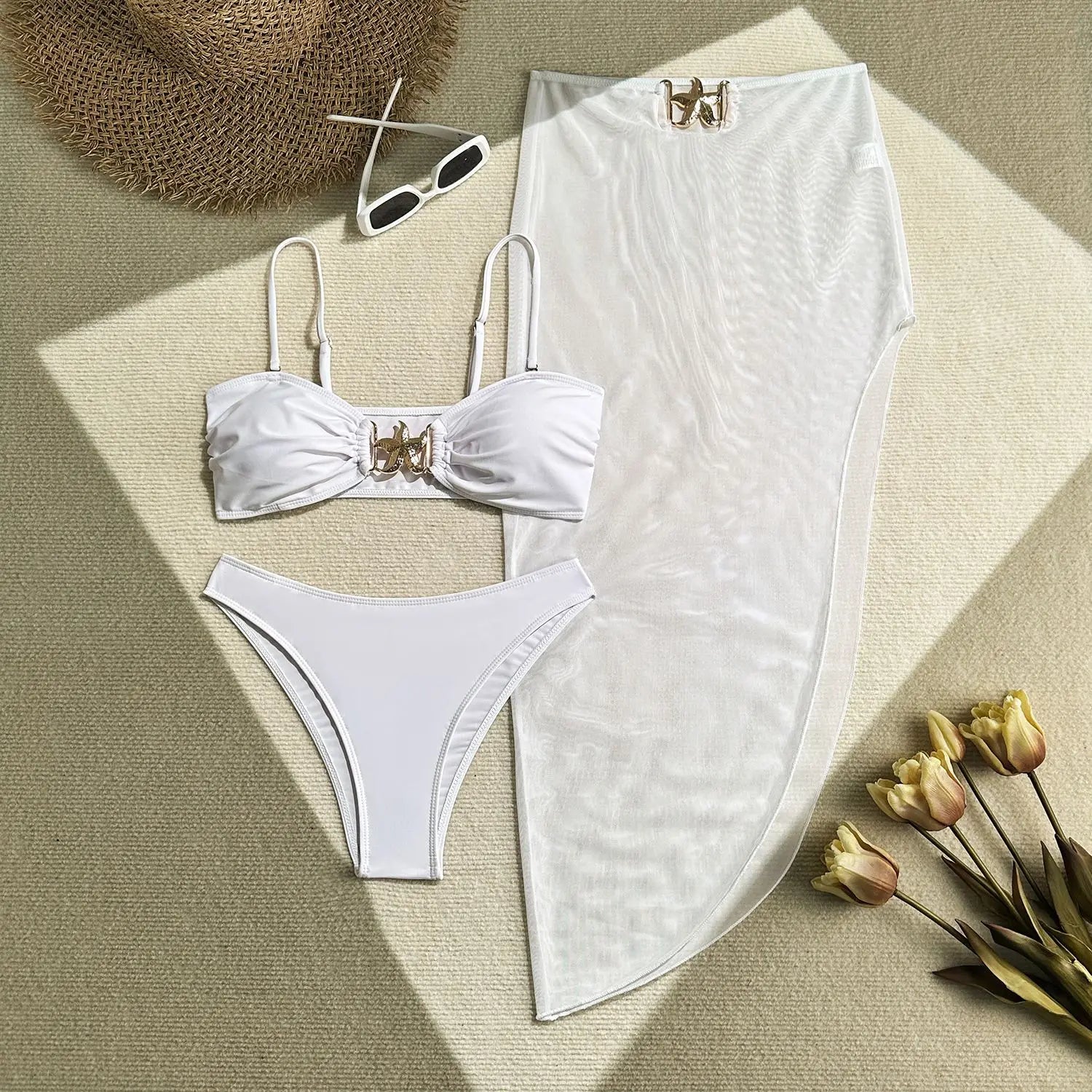 Sexy White Black Skirt 3 Piece Bikini Set 2025 Women Starfish Ornament Push Up High Waist Swimsuit Beach Bathing Suit Swimwear