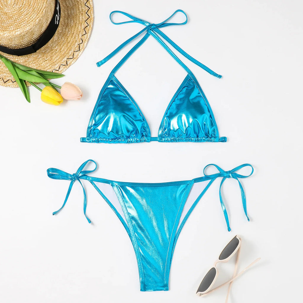Shiny Swimwear Women Halter Bathers Bling Sequin Bikini Set Cut Out Push Up Padded Bathing Suit Thong Swimwear Glitter Biquini