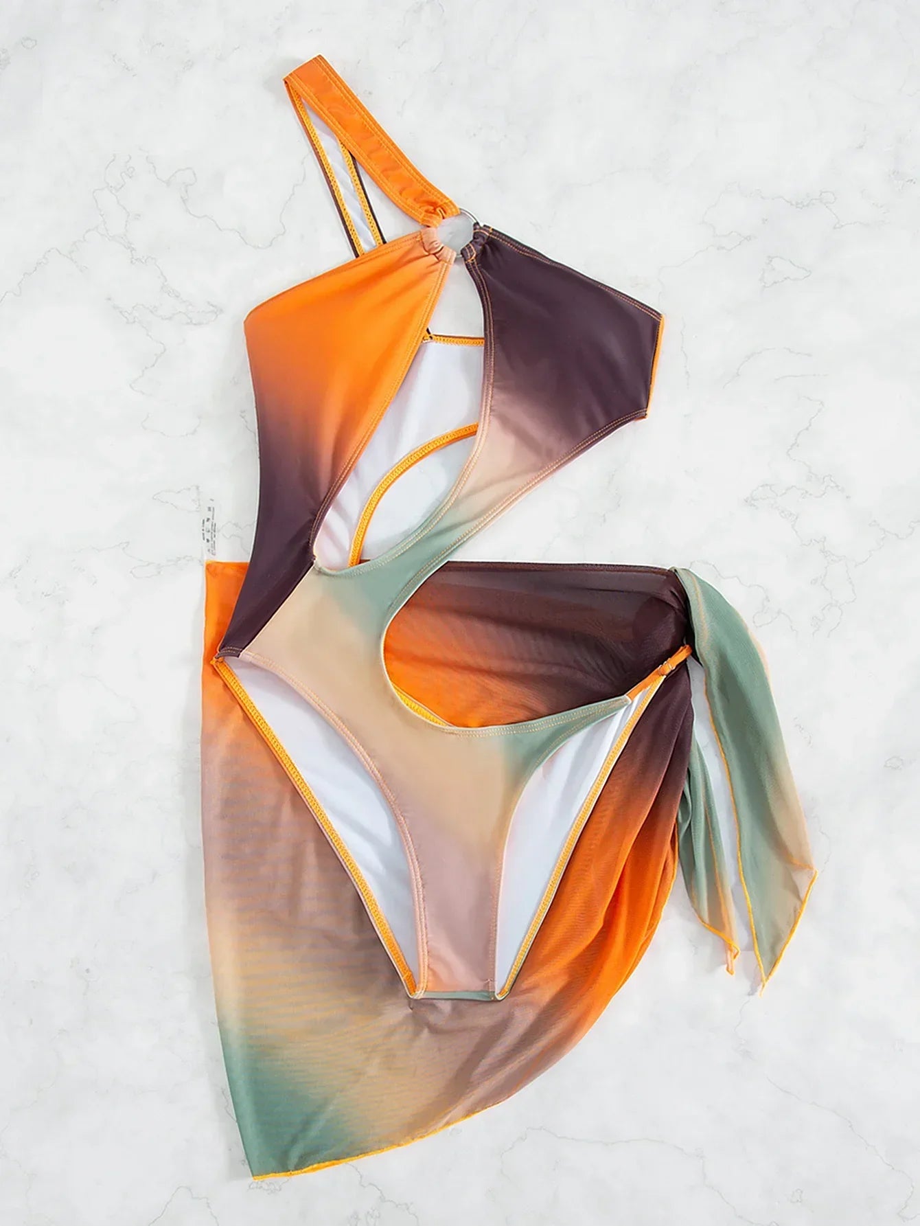 Sexy Orange Tie Dye Gradient One Piece Swimsuit 2025 Women One Shoulder Hollow Out Skirt Swimwear Bathing Suit Thong Monokini