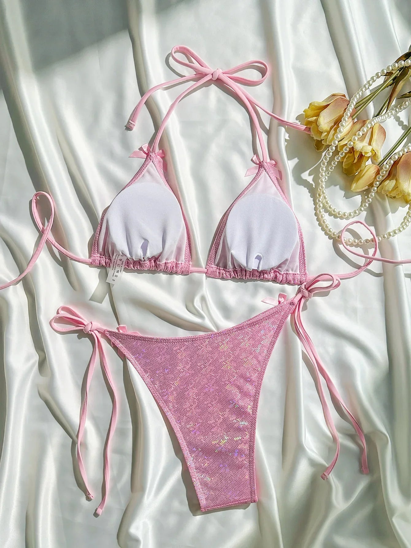 Shiny Pink Bikini 2025 Women Sexy Brozing Tie Bow Strap Push Up Micro Swimsuit Brazilian Bathing Suit Tie Side Triangle Swimwear