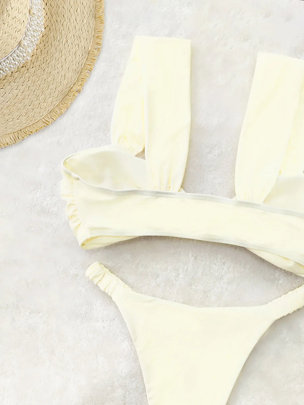 2026 Swimwear Women Halter Low Cut Bikini Set Solid Pleated Split Swimsuit Sexy Thongs Summer New Holiday Bathing Suit