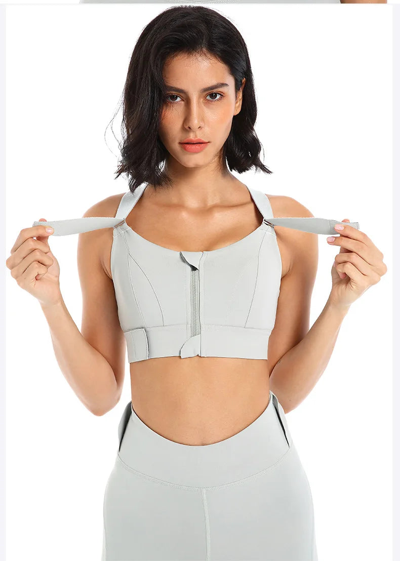 Sports Bras Tights Crop Top Women Yoga Vest Front Zipper Plus Size Adjustable Strap Shockproof Gym Fitness Athletic Brassiere