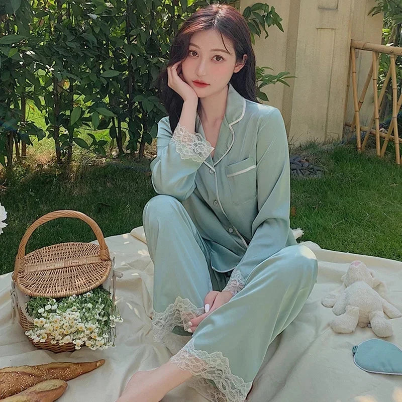 High Quality Ice Silk Light Luxury Pajamas Women's Pajama Spring and Autumn Style Long Sleeve Home Set Satin Nightwear Sleepwear