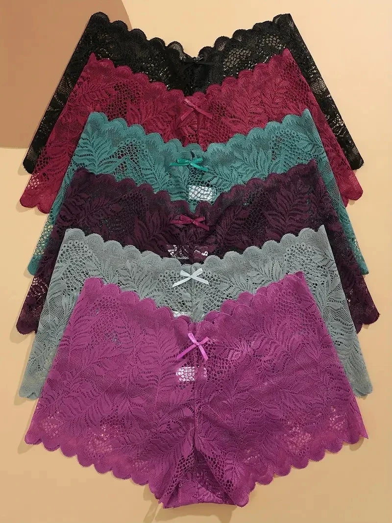 6PCS Women Lace Boxers Briefs Sexy Seamless Breathable Low Waist Female Underwear Solid Color Intimates High Elastic Lingerie
