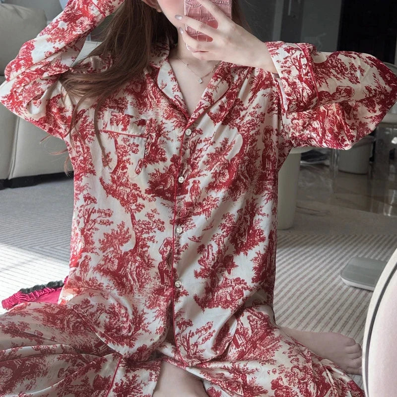 Ink Printed Ice and Snow Silk Pajama Set for Women Spring and Autumn Simple Small Lapel Long Sleeve Home Clothes Nightwear