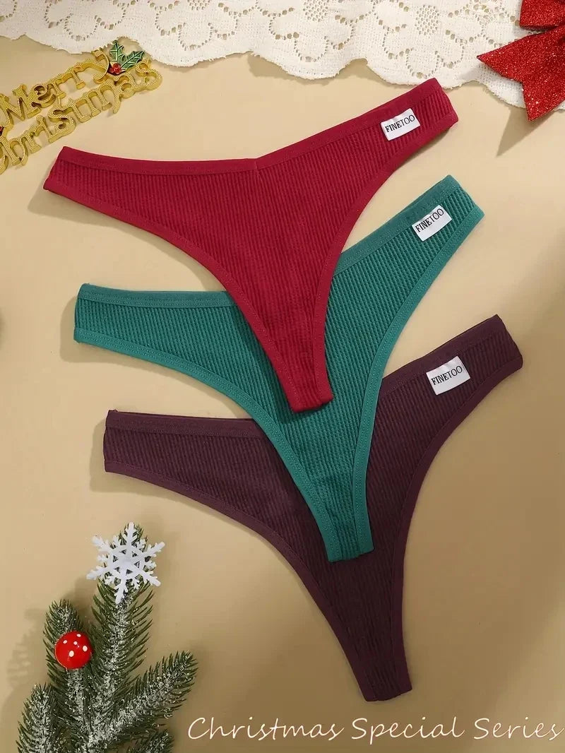 3Pcs Women Christmas Waffle Style G-string Cotton Panties Ladies Soft Thongs Female S-XL Low-Rise T-Back Panties Bikini Bikini